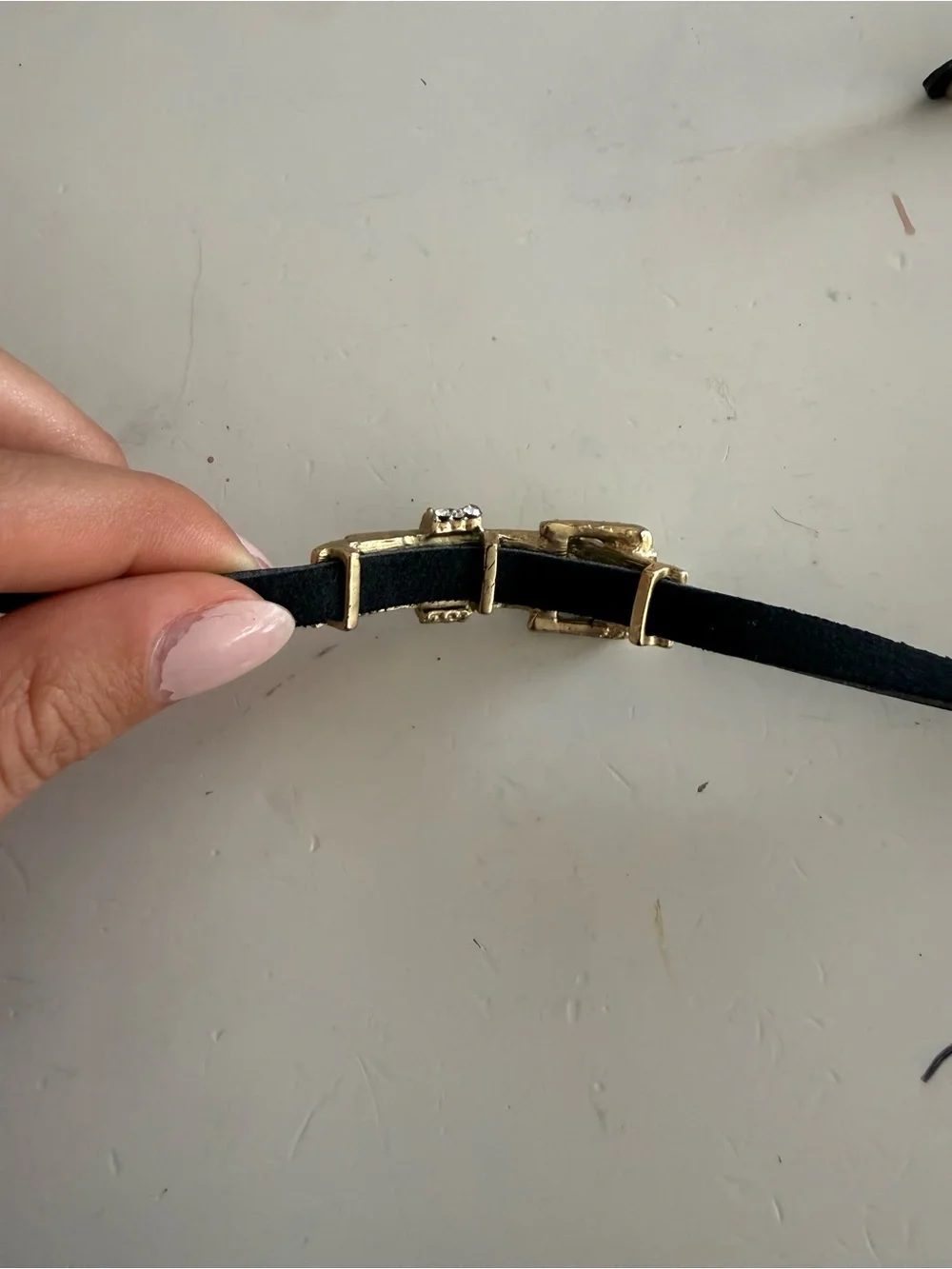 Gold Crystal Buckle Wrap Bracelet with Black Leather Straps